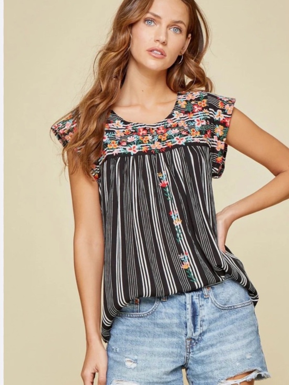 Savanna Jane Black Striped Floral Yoke Blouse